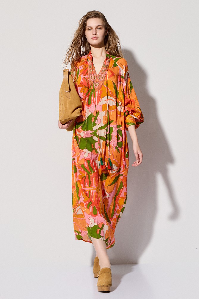 Kaftan lung cu print și mărgele