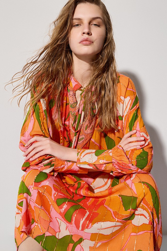 Kaftan lung cu print și mărgele