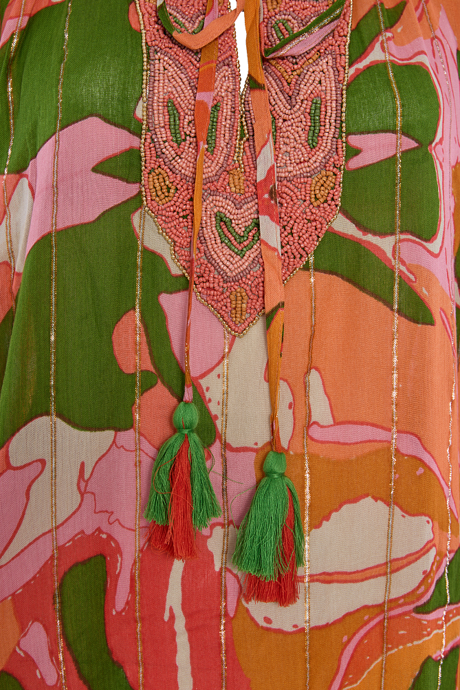 Kaftan lung cu print și mărgele