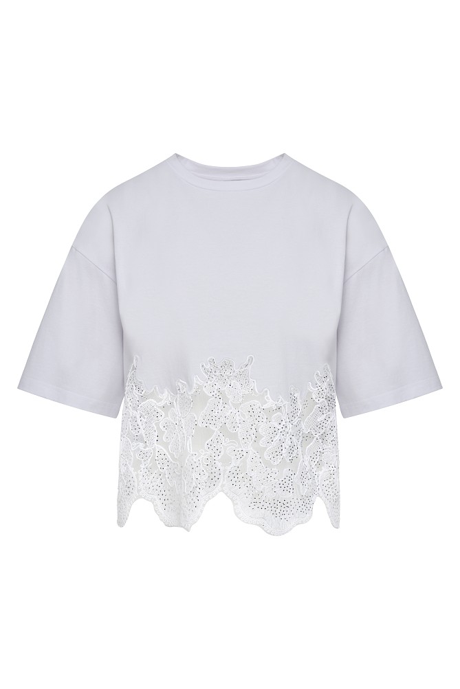 Short-sleeve blouse with lace and rhinestones
