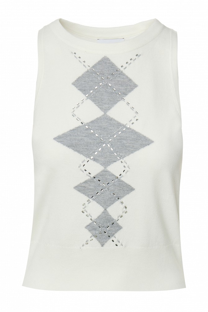 Knitted top with an argyle pattern and rhinestone details