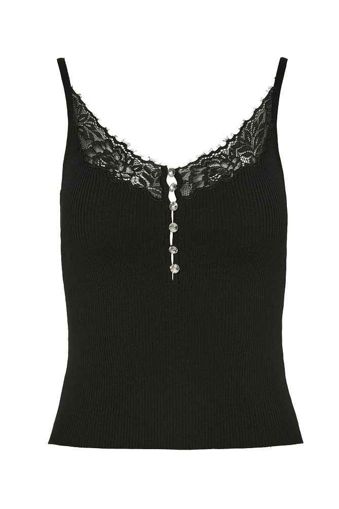 Knitted ribbed top with lace and decorative buttons