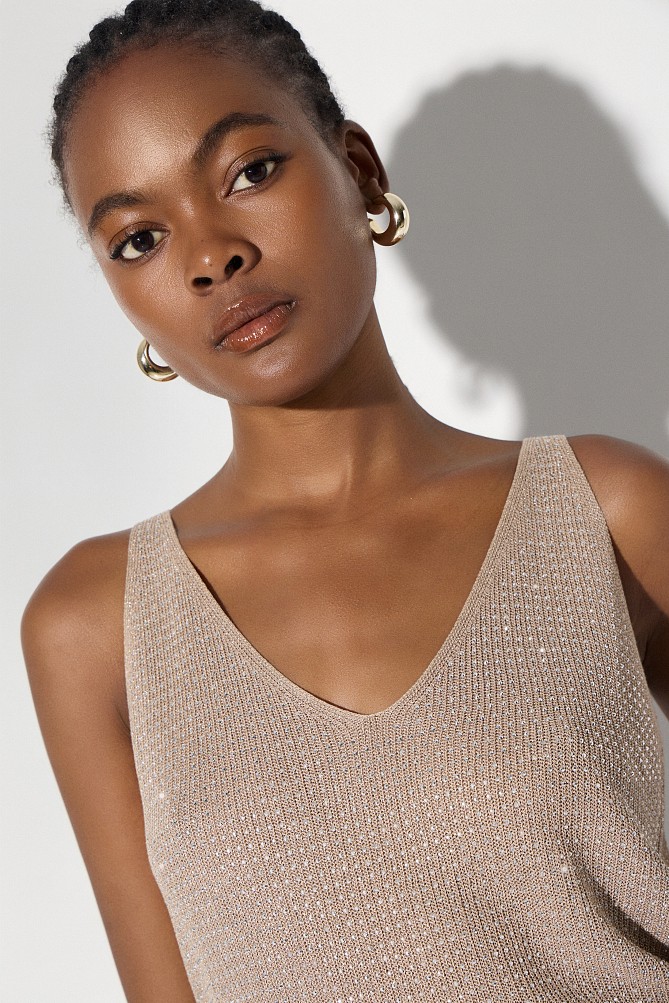 Sleeveless knitted lurex top with rhinestone embellishments