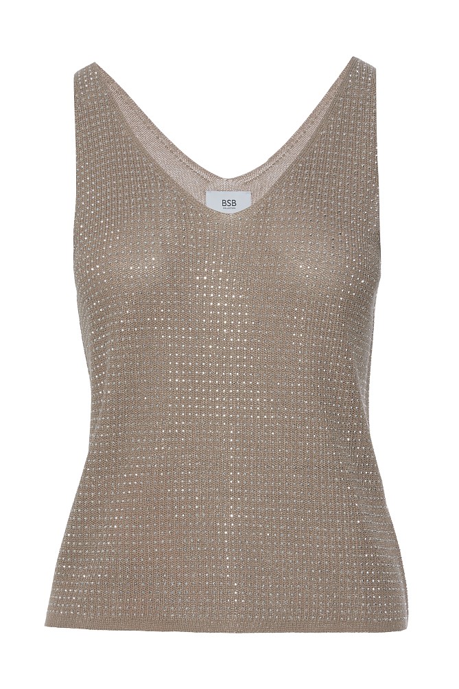 Sleeveless knitted lurex top with rhinestone embellishments