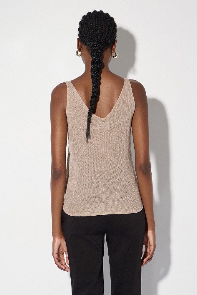 Sleeveless knitted lurex top with rhinestone embellishments