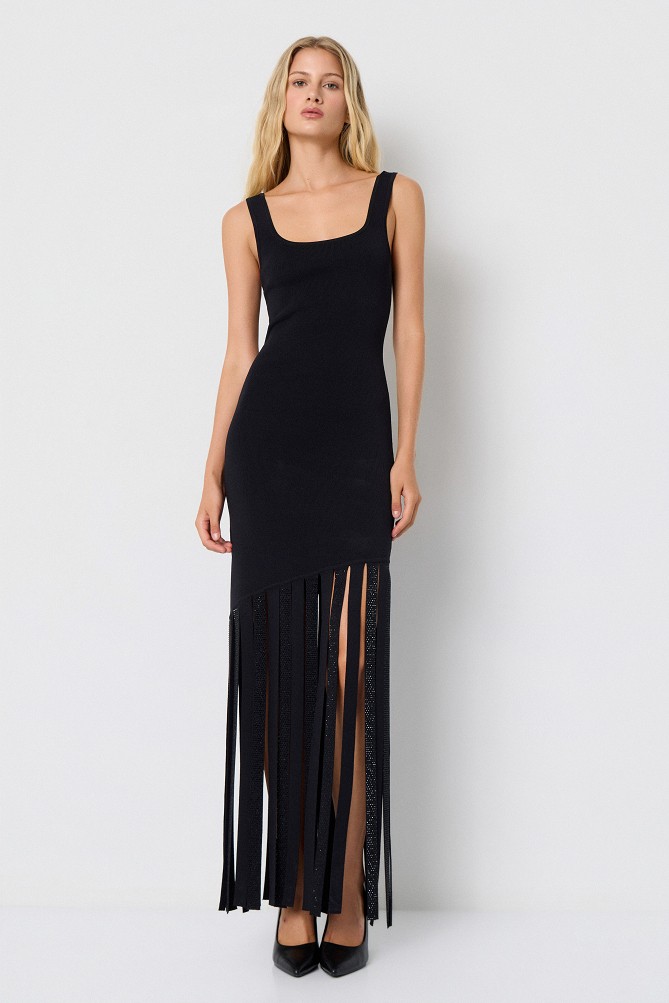 Maxi knitted dress with fringe and rhinestones
