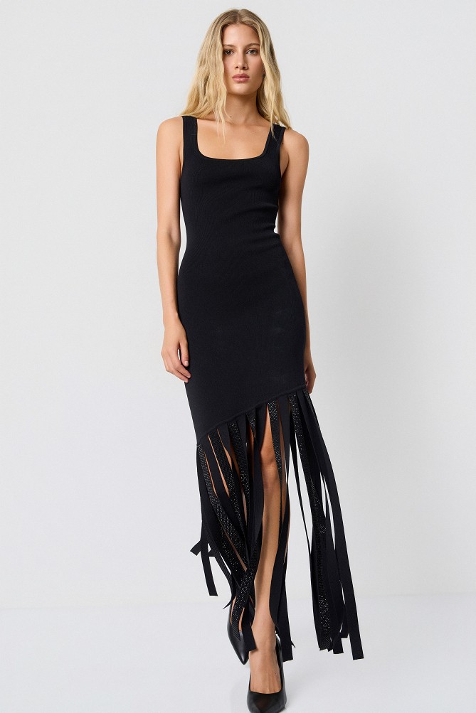 Maxi knitted dress with fringe and rhinestones