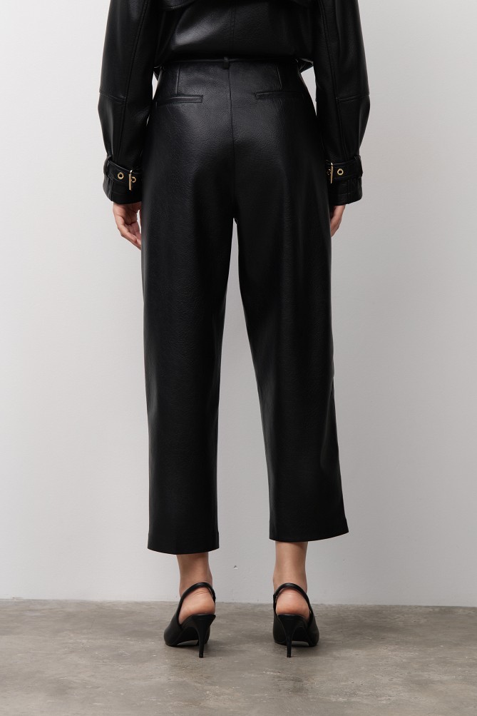 Leather-look barrel-leg trousers