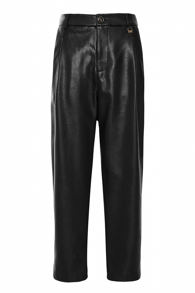 Leather-look barrel-leg trousers