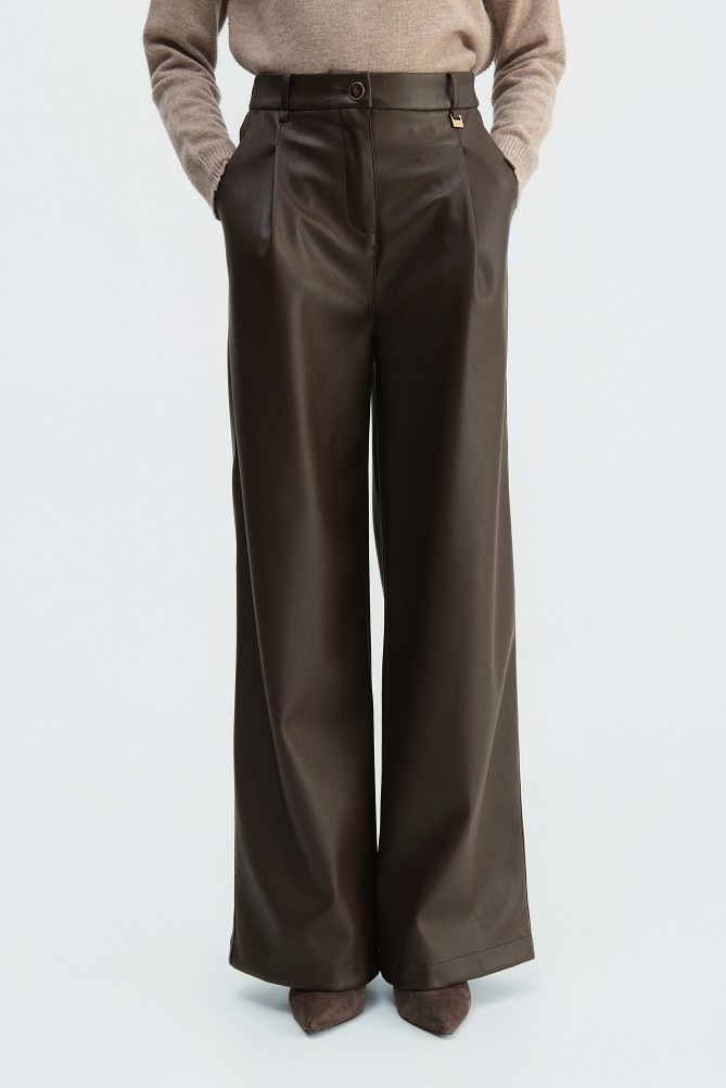 Leather-look wide-leg trousers with pleats