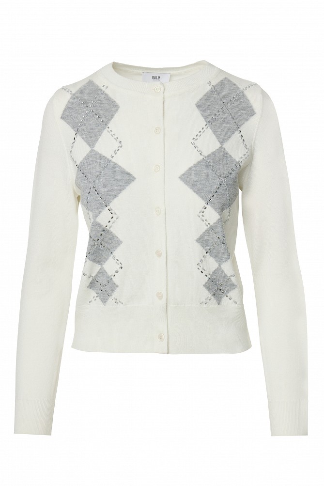 Knitted cardigan with an argyle pattern and rhinestone details