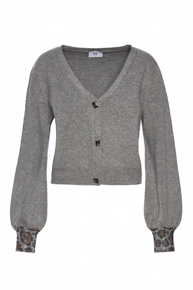 Knited cardigan with balloon sleeves and rhinestone embellishments