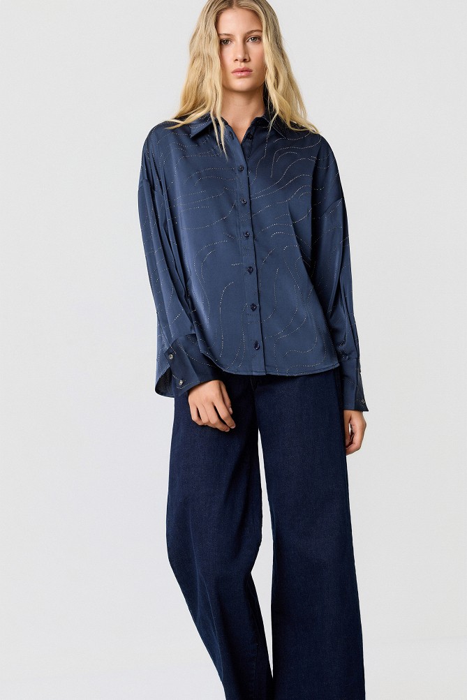 Satin shirt with rhinestone embellishments