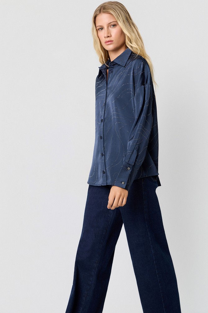 Satin shirt with rhinestone embellishments