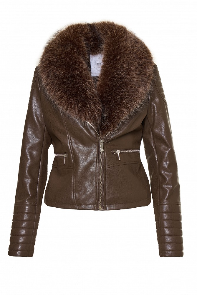 Leather-look jacket with fur collar