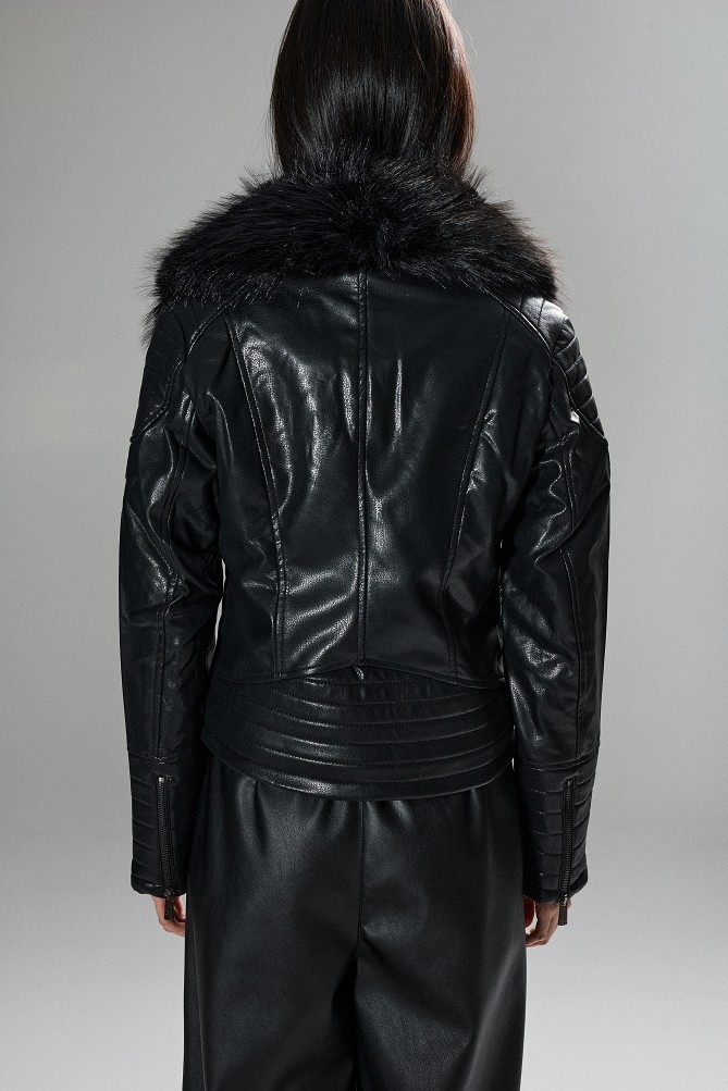 Leather-look jacket with fur collar