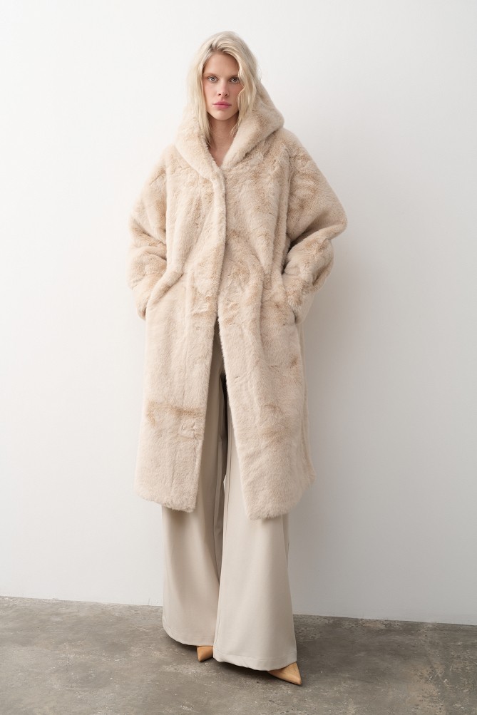 Long hooded faux fur coat