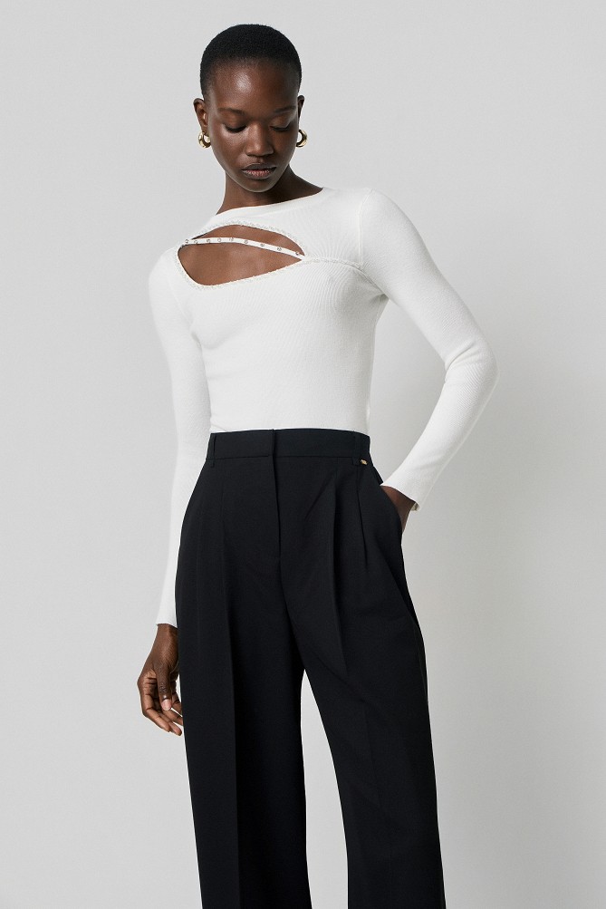 Sweater with cut-out detail and rhinestones