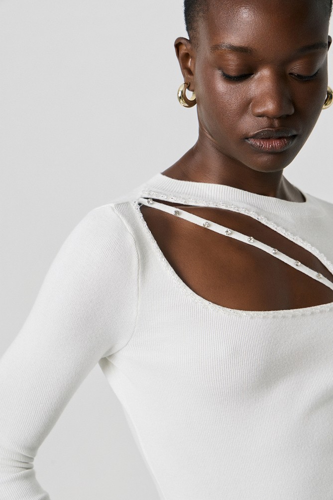 Sweater with cut-out detail and rhinestones