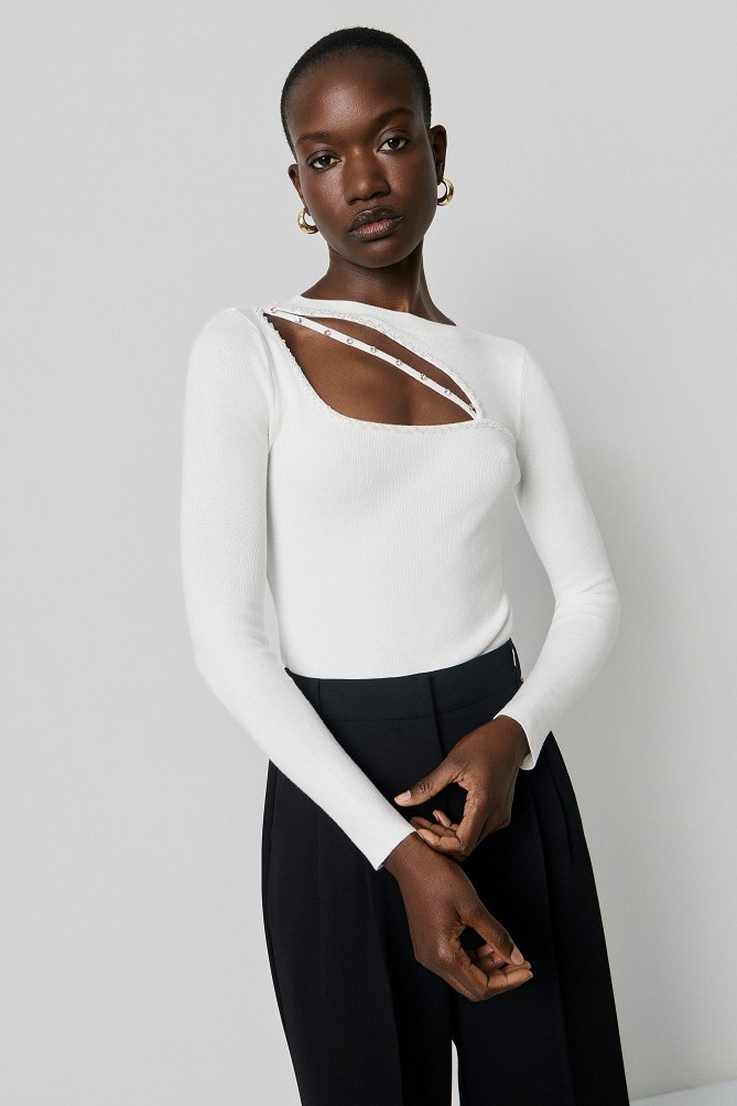 Sweater with cut-out detail and rhinestones