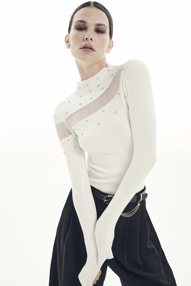 Knitted top with sheer detailing and rhinestone embellishments