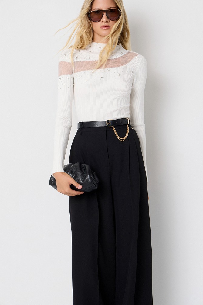 Knitted top with sheer detailing and rhinestone embellishments