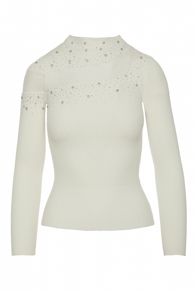 Knitted top with sheer detailing and rhinestone embellishments