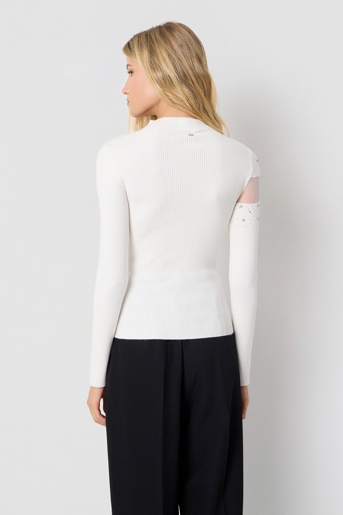 Knitted top with sheer detailing and rhinestone embellishments
