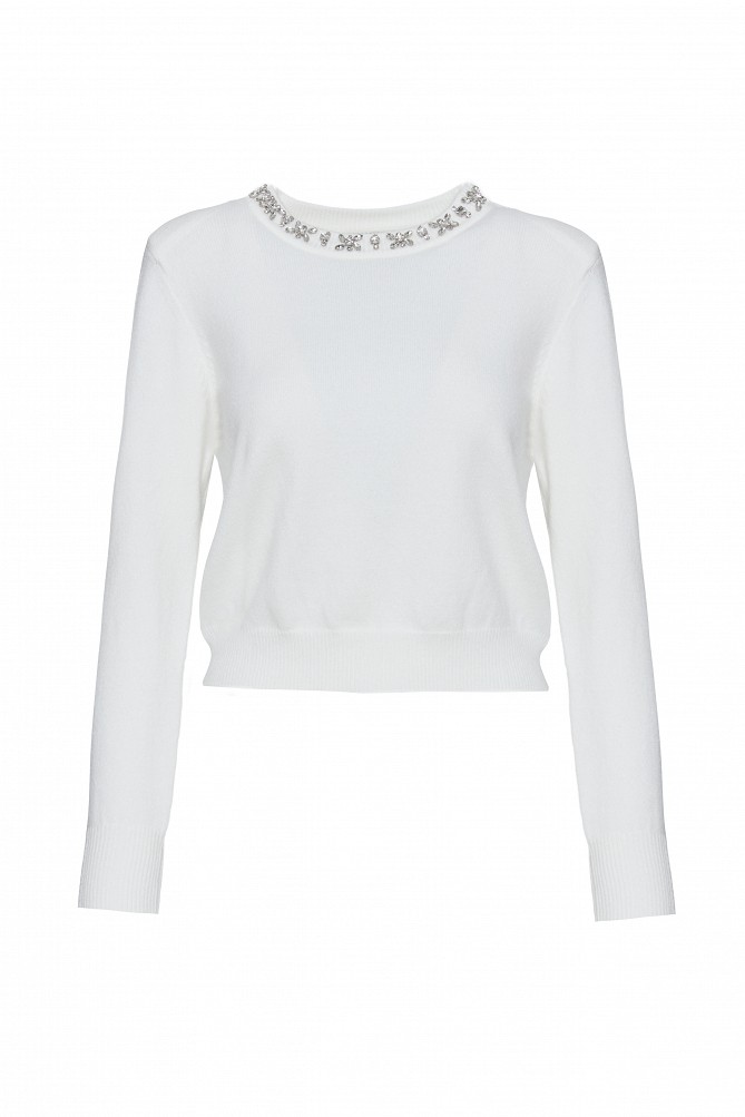 Embellished knit sweater with decorative stones