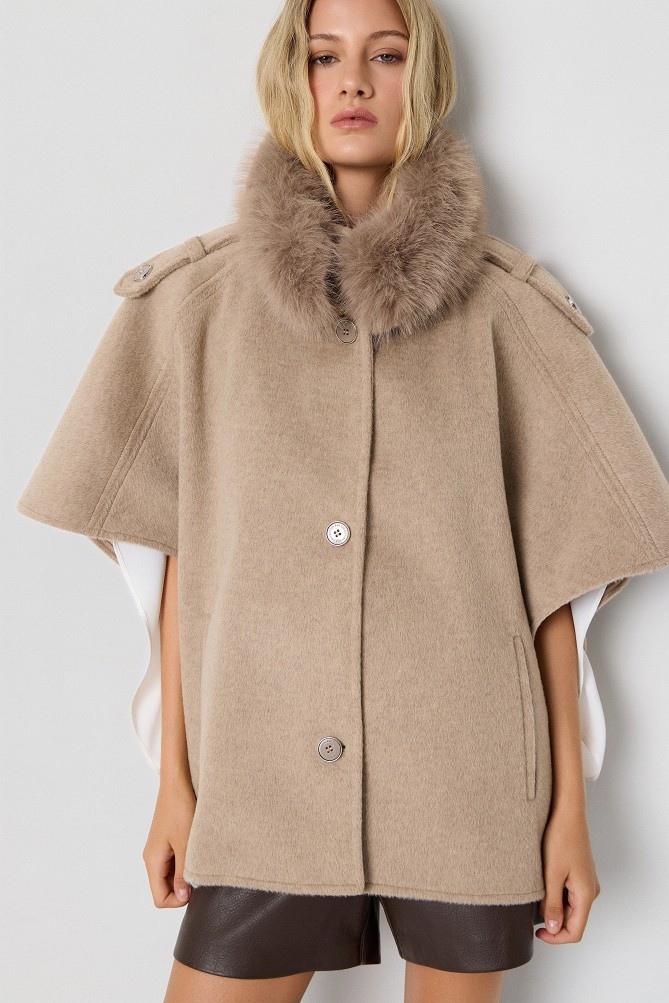 Cape with faux fur collar