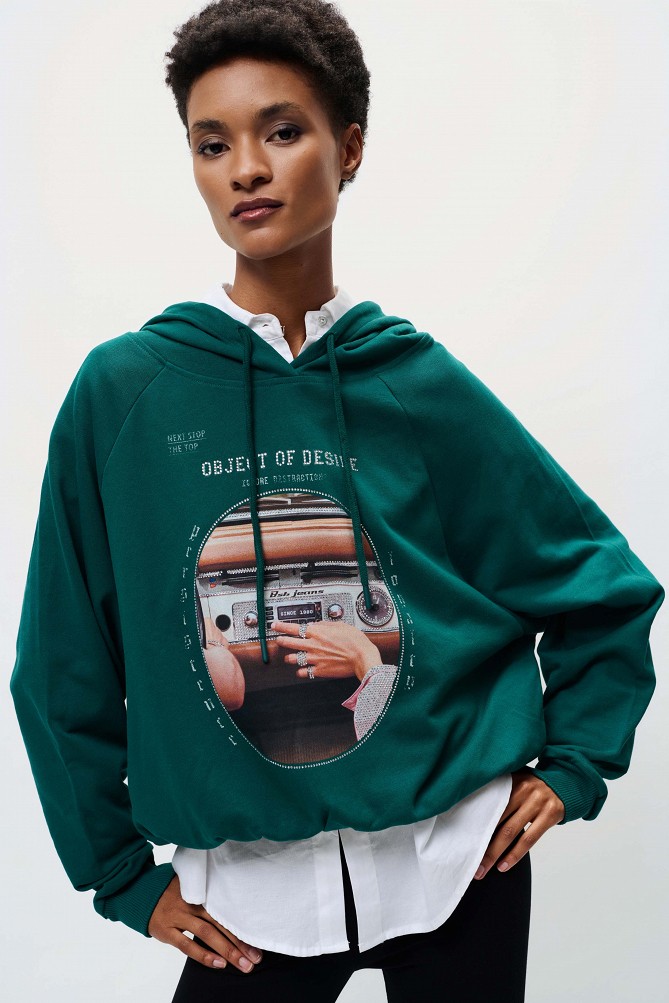 Printed hooded sweatshirt with rhinestone details