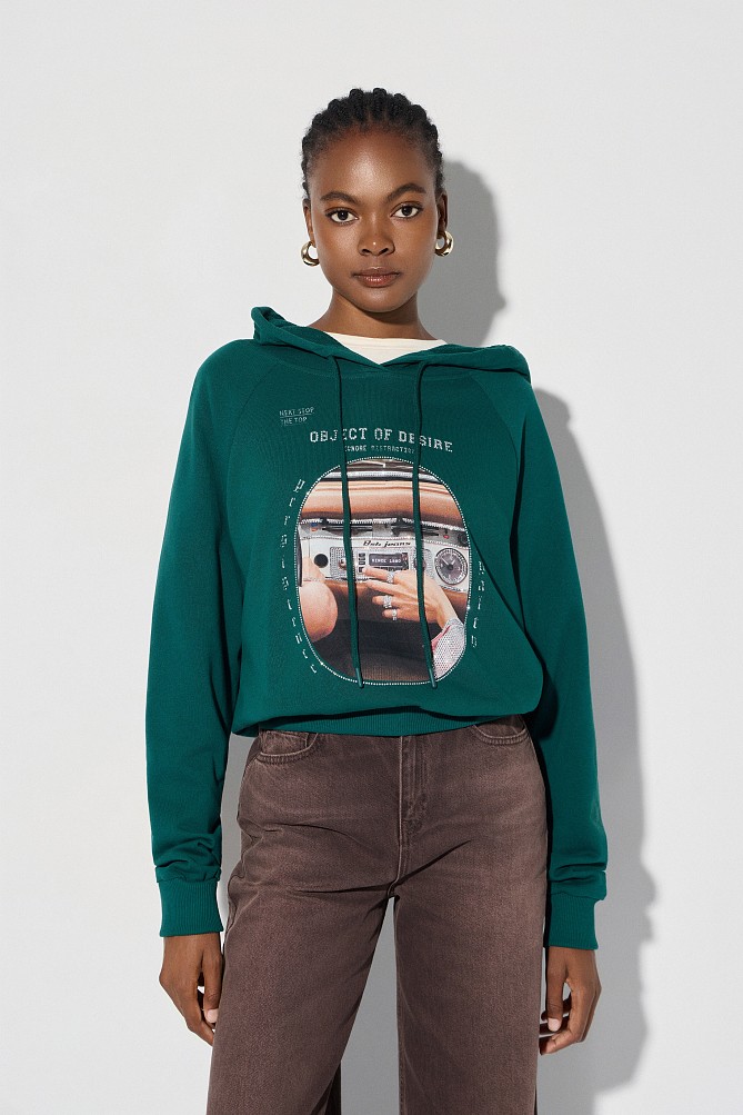 Printed hooded sweatshirt with rhinestone details