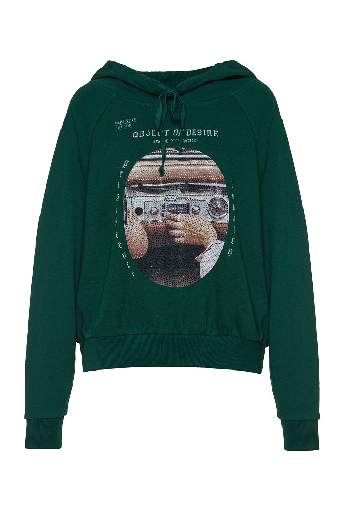 Printed hooded sweatshirt with rhinestone details
