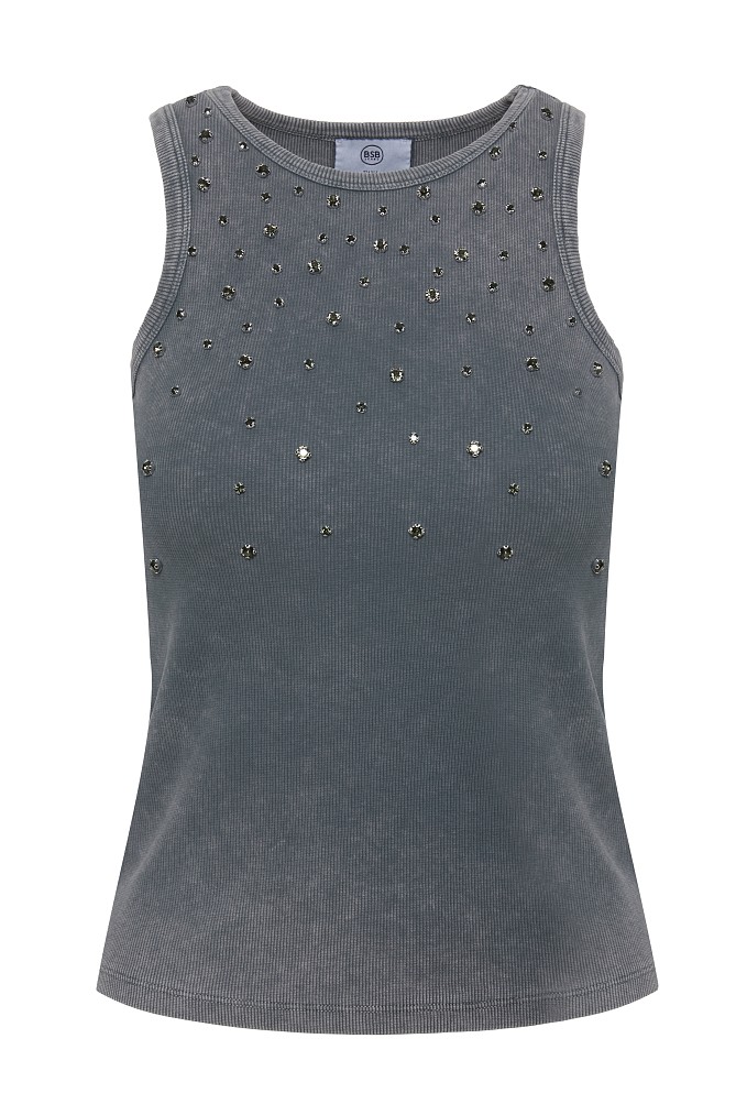 Sleeveless ribbed top with rhinestone embellishments