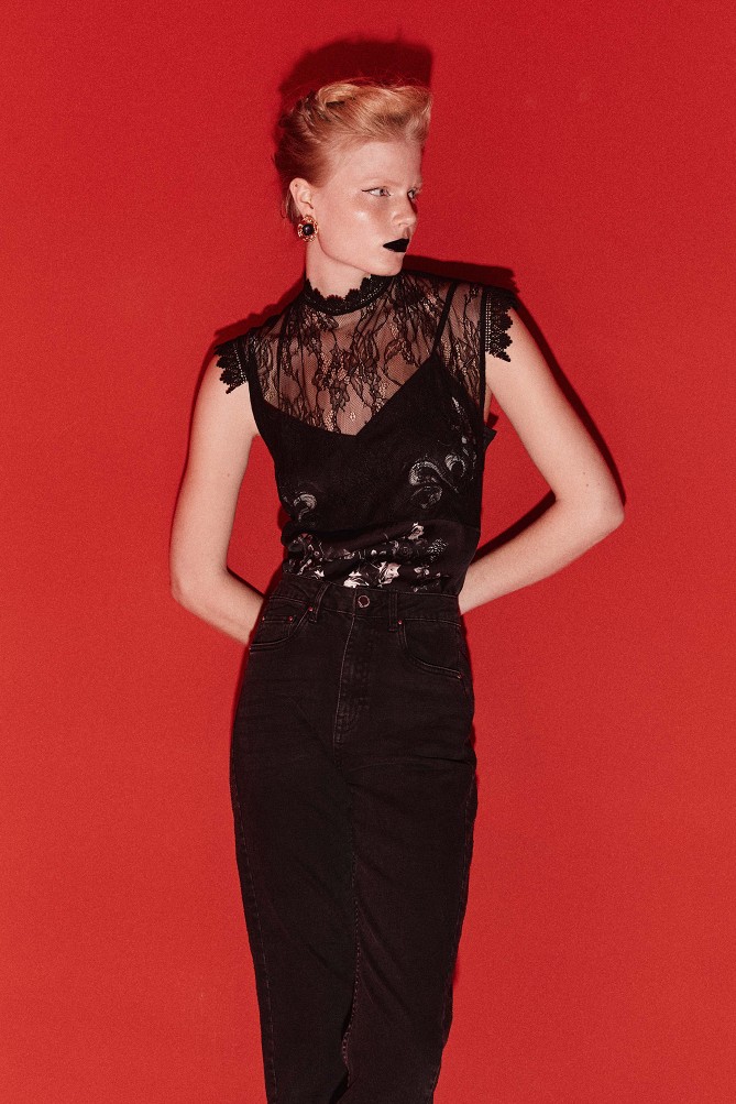 Printed satin top with lace detailing