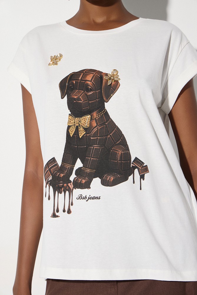 T-shirt with print and rhinestone embellishments