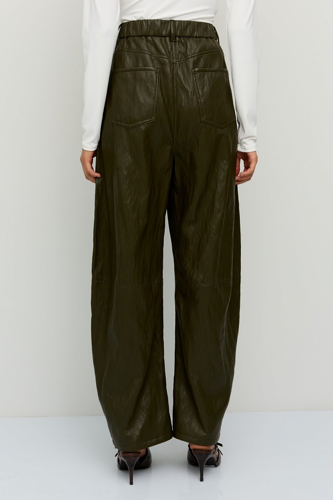 Leather-look barrel-leg trousers