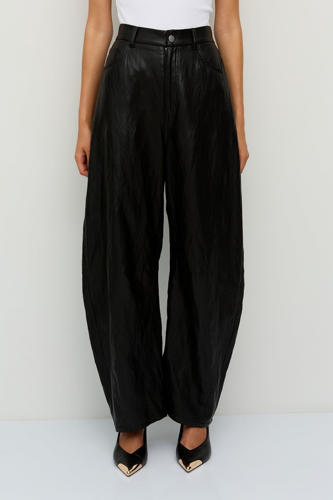 Leather-look barrel-leg trousers