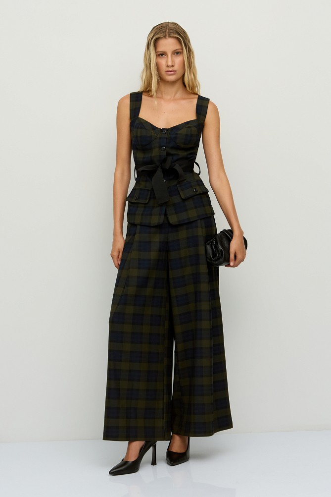 Checked wide-leg trousers with pleats