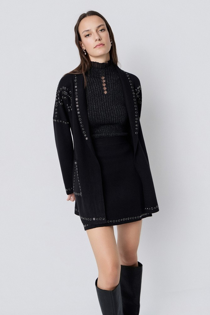 Mini knitted skirt with rhinestone embellishments