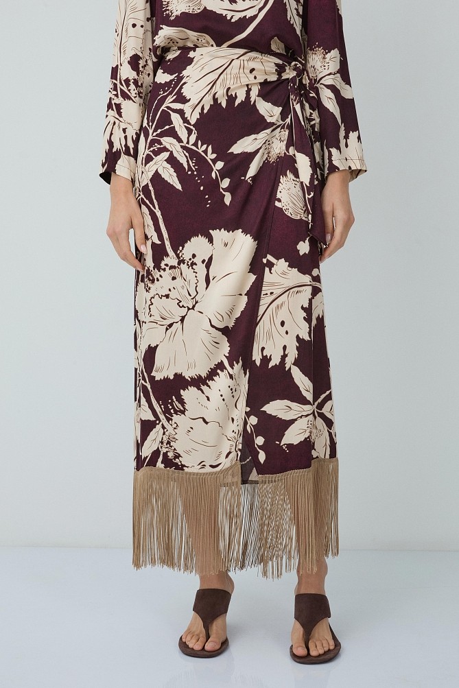 Maxi floral wrap skirt with fringed hem