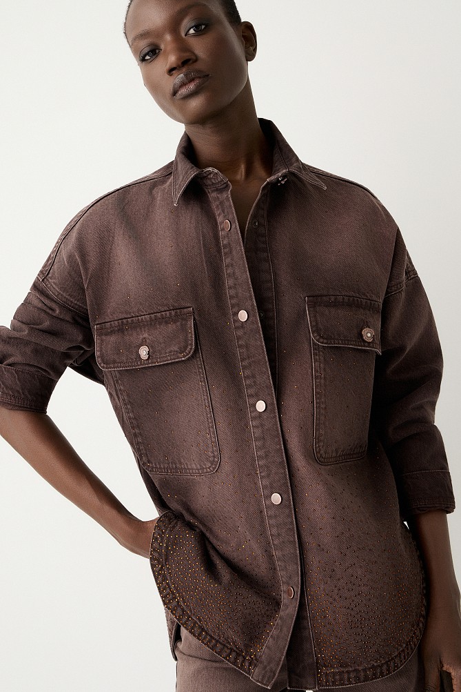 Denim shirt with rhinestone embellishments