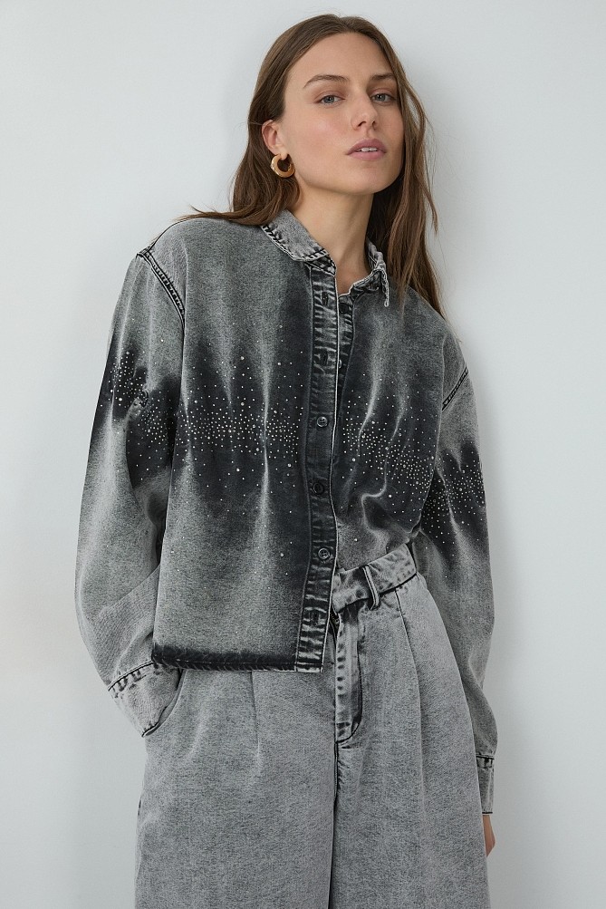 Tie-dye denim shirt with rhinestone embellishments