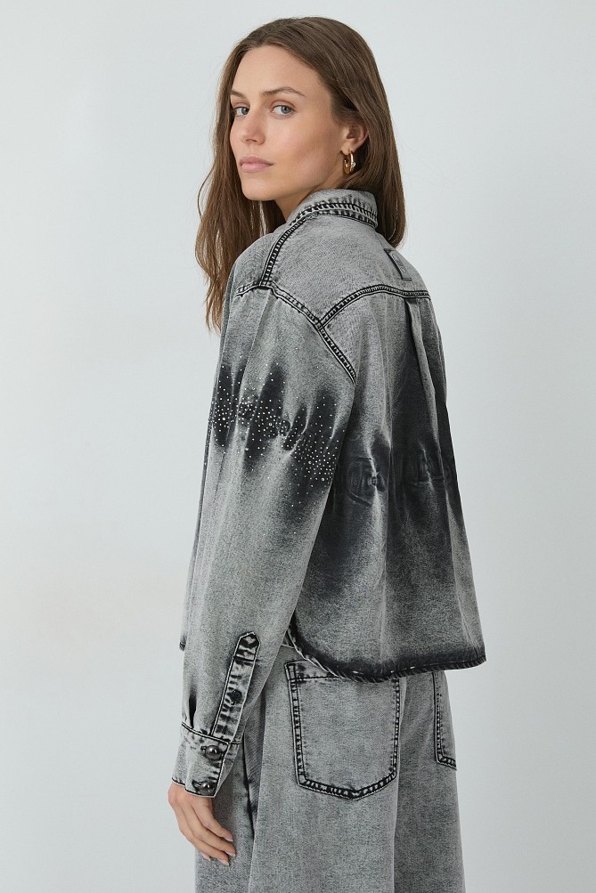 Tie-dye denim shirt with rhinestone embellishments