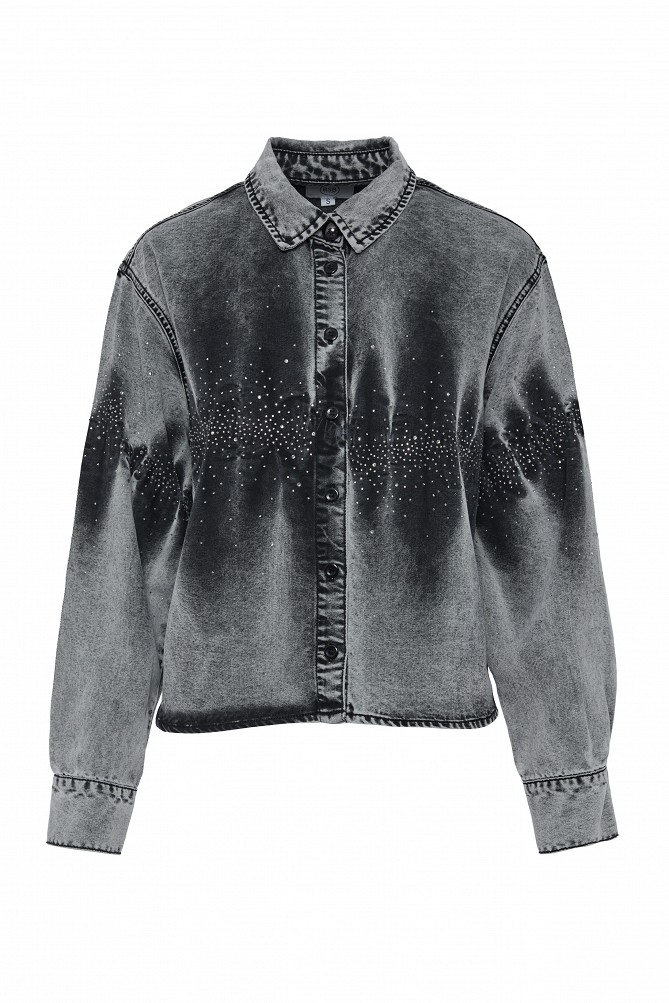 Tie-dye denim shirt with rhinestone embellishments