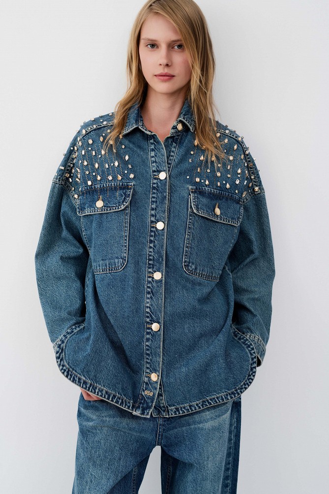 Denim overshirt with rhinestone embellishments