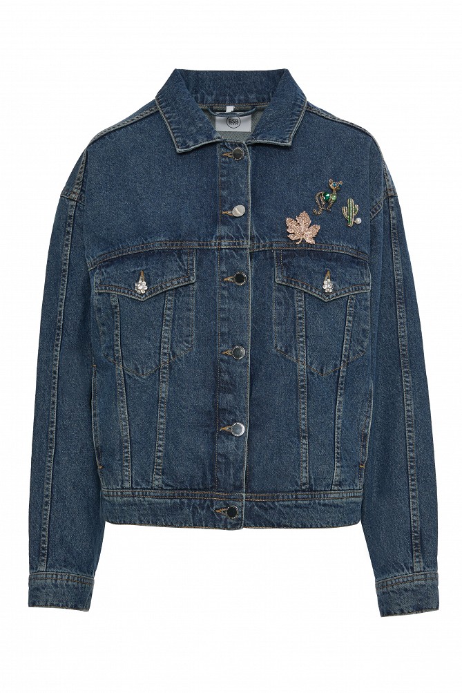 Denim jacket with decorative pins