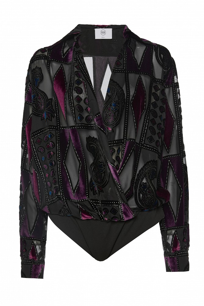 Sheer bodysuit with geometric patterns and velvet details