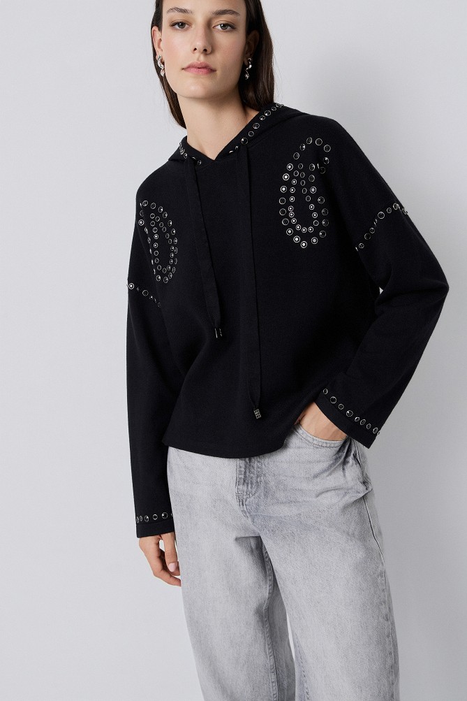 Hooded sweater with rhinestone embellishments