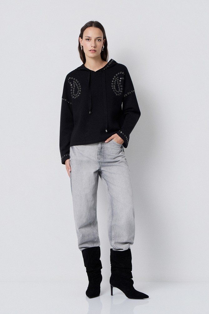 Hooded sweater with rhinestone embellishments